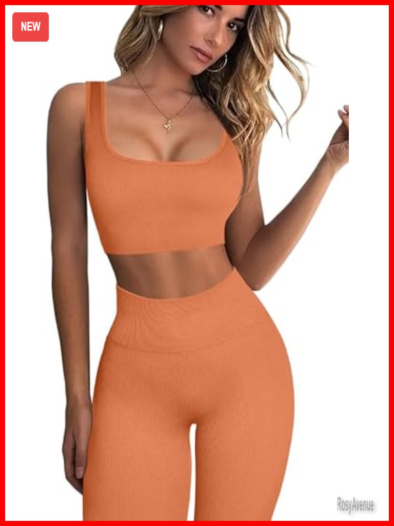 Ribbed Seamless Yoga Leggings Set With Square Neck Crop Top And High Waisted